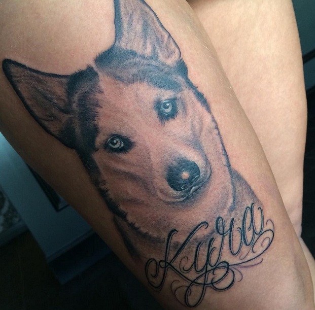 husky tattoo on leg