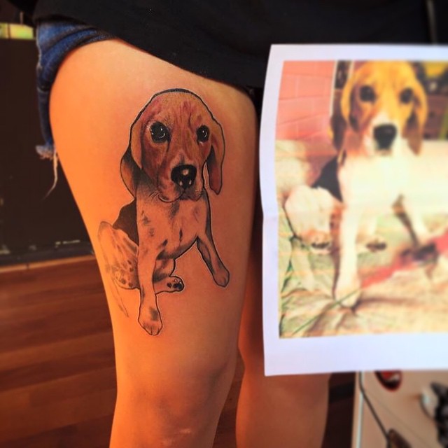 leg tattoo women beagle