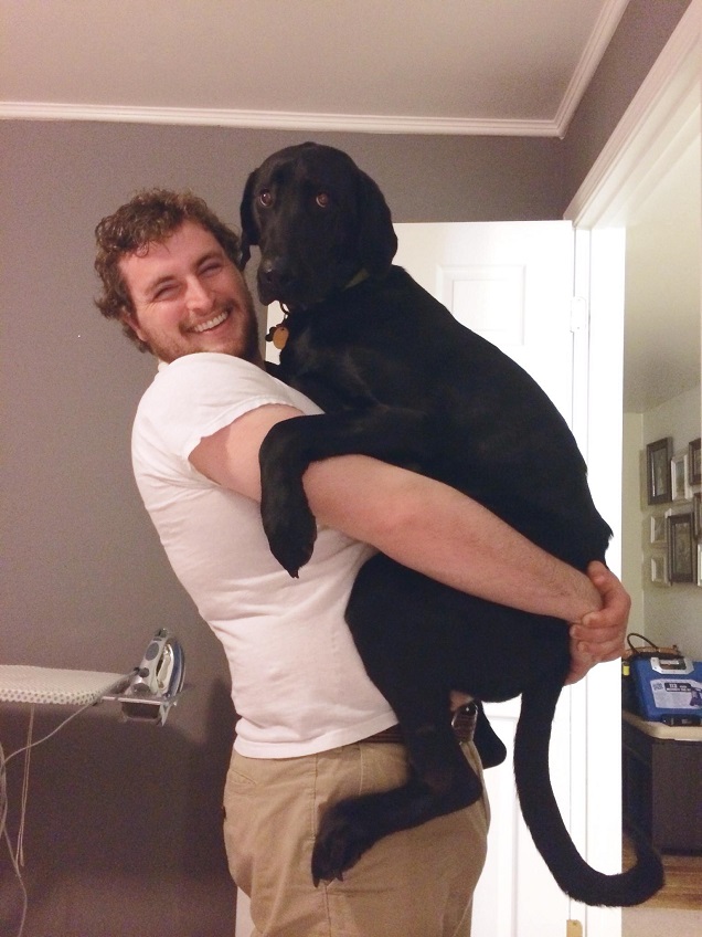 cute labrador black dog hug man